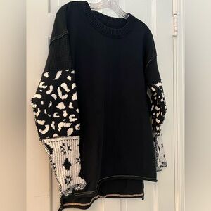 We The Free Black & White Cotton Sweater with Patterned Sleeves